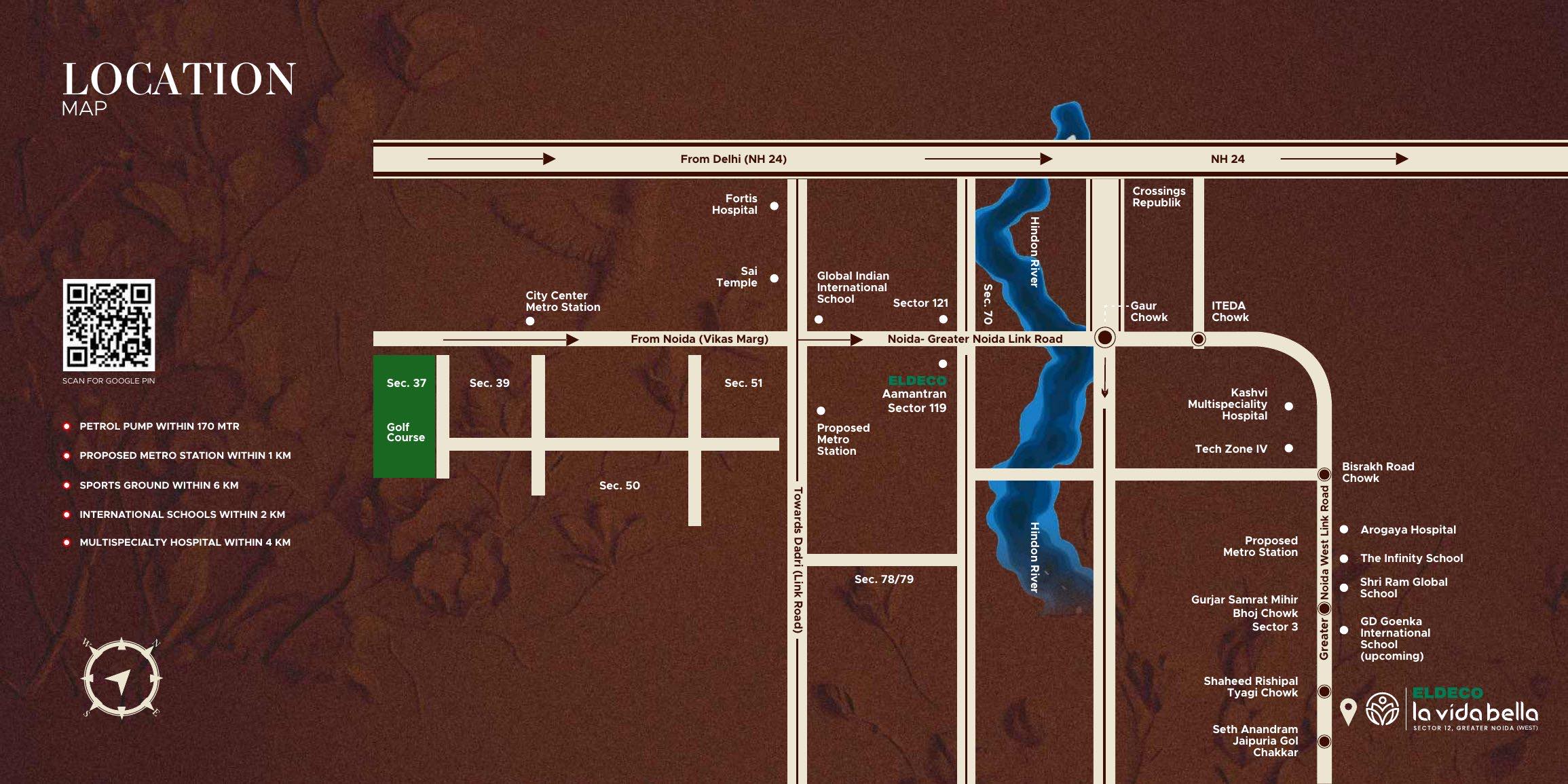 Location map of Eldeco La Vida Bella from the developer's brochure, showing Gaur Chowk, ITEDA Chowk, Bisrakh Road and Tech Zone IV around Sector 12