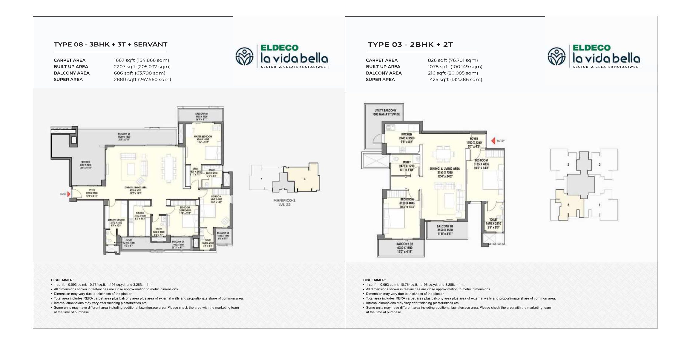 Floor-plan spread from the developer's brochure — Type 08, 3BHK+3T+Servant, and Type 03, 2BHK+2T