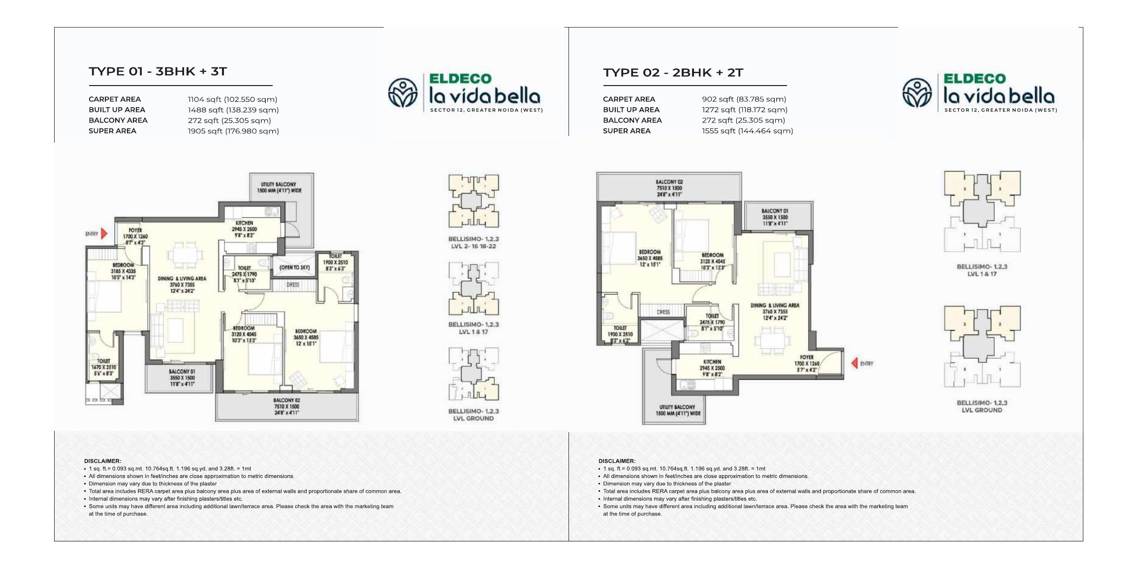 Floor-plan spread from the developer's brochure — Type 01, 3BHK+3T, and Type 02, 2BHK+2T