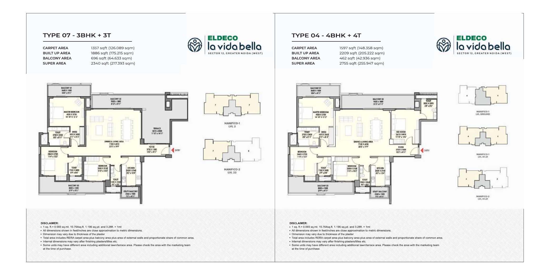 Floor-plan spread from the developer's brochure — Type 07, 3BHK+3T, and Type 04, 4BHK+4T