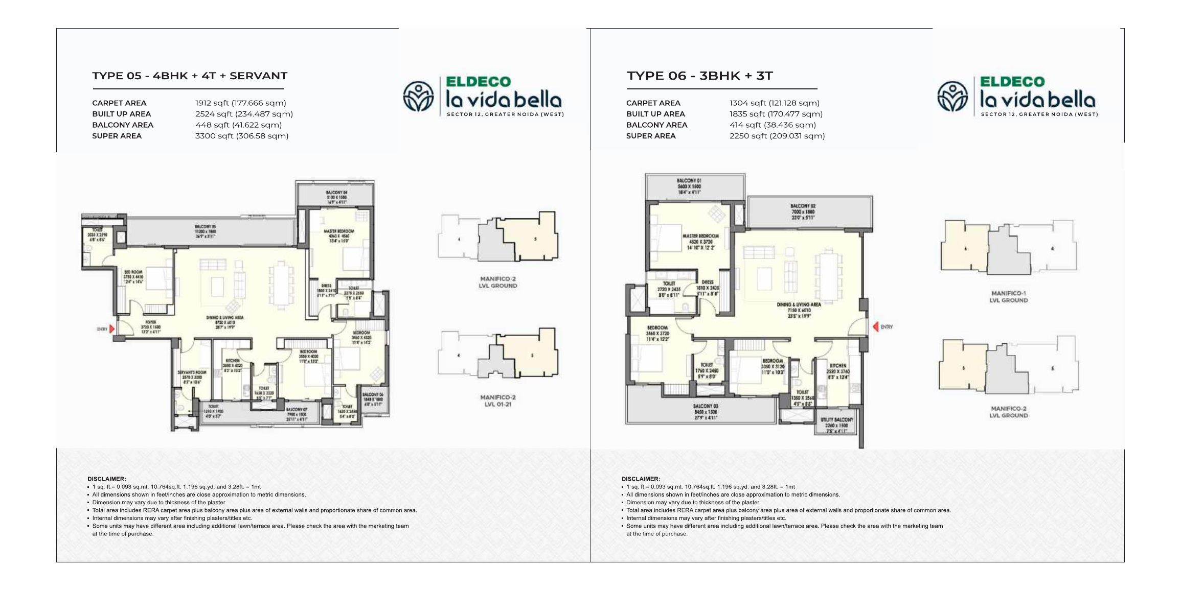 Floor-plan spread from the developer's brochure — Type 05, 4BHK+4T+Servant, and Type 06, 3BHK+3T