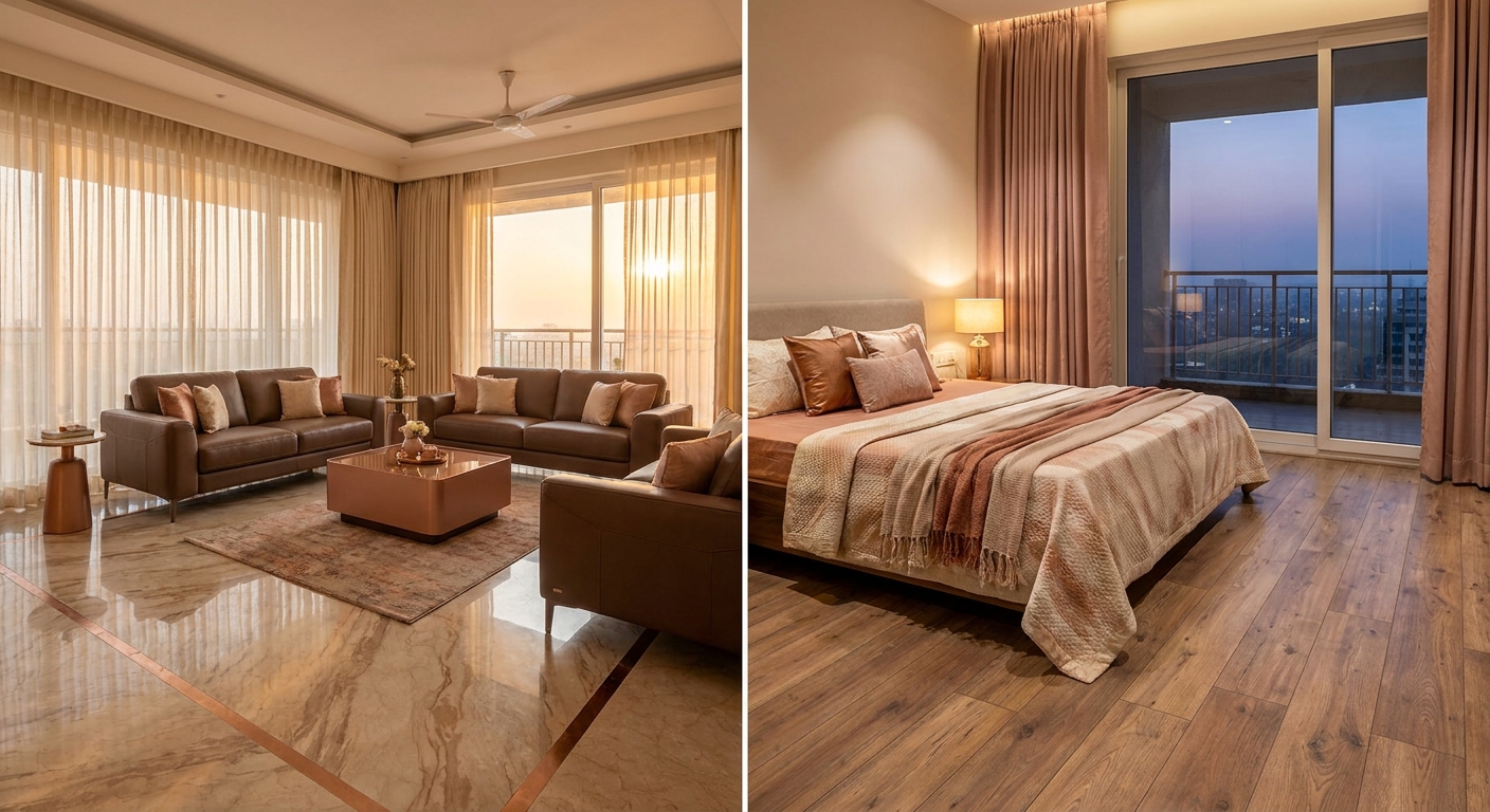 Illustrative bedroom mood, laminated wooden floor, warm palette — AI-generated, not a unit render