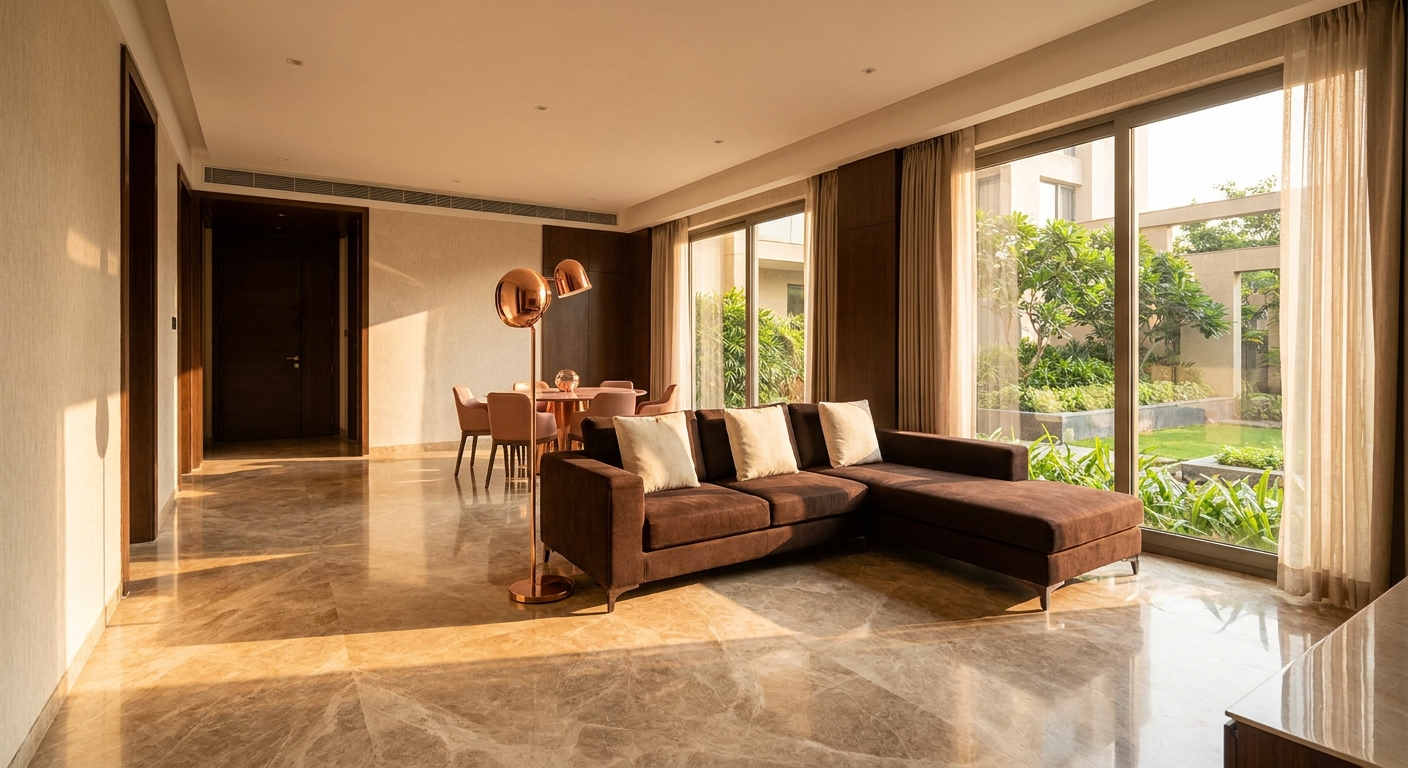 Illustrative living-dining mood, marble-look floor, warm chocolate-copper palette — AI-generated, not a unit render