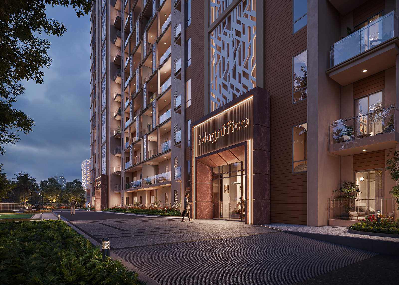 Magnifico tower entrance at dusk — artistic render